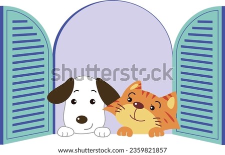 Puppy and kitten on the windowsill