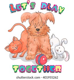 Puppy, kitten and rabbit. Vector watercolor hand drawn picture.