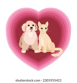 A puppy and a kitten are sitting together in the center of a burgundy heart.Vector illustration of the friendship of a cat and a dog.