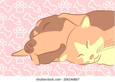 A puppy with a kitten sleeping together calm