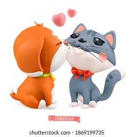 Puppy and kitten. Valentine's day illustration. 3d vector icon