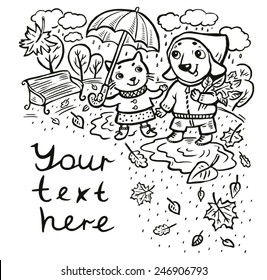 Puppy and kitten walking in the park in autumn rain. black and white children's illustration