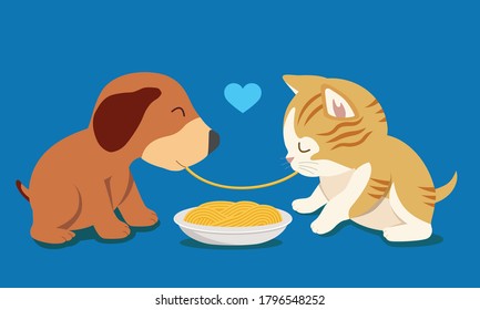 Puppy kittens eating spaghetti Vector illustration