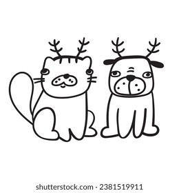 Puppy and kitty wearing deer antlers headband. Concept about volunteer. Vector outline illustration on white background. 