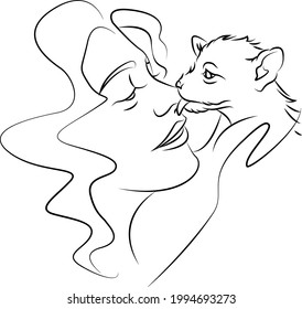 The puppy licks the woman's nose. Line drawing