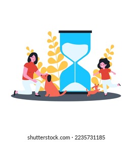 Puppy and little girl growing up together. Flat vector illustration. Hourglass, symbol of time, adult woman with dog and girl with puppy through years. Pet, friendship concept