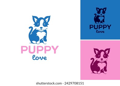 Puppy love logo features a blue dog and pink lettering. Perfect for pet services, dog-related businesses, or animal lovers.