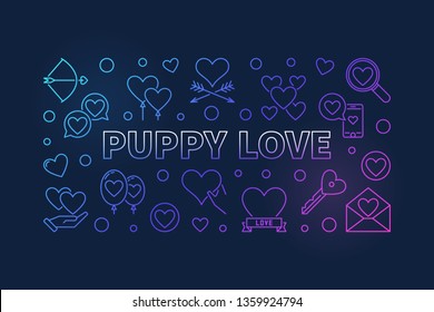 Puppy love vector colored linear illustration or banner on dark background
