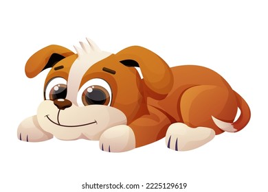 Puppy lying, cute dog child, pet with adorable tail in comic cartoon style isolated on white background. Emotional character