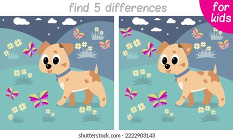 Puppy in a meadow with flowers and butterflies. Logic game for children. You need to find 5 differences. Printable page for children's book or game. Development of counting and attention skills.