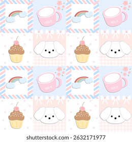 puppy  milk  cupcake  rainbow on white background, fabric pattern, checkered, gift wrapping paper, seamless pattern 