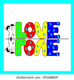 Puppy, Mirror reflection inscription LOVE, cartoon on white background.Vector