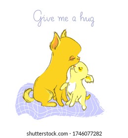 Puppy with mom illustration with phrases in sketch style, Cute vector with funny pets, can be used for your design or print t-shirt or textile, fabric somewhere, vector illustration 10eps
