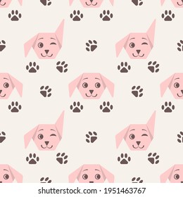 Puppy muzzle and paws seamless pattern. The funny dog welcomes. Endless baby animal texture. Vector illustration in a flat style. 
