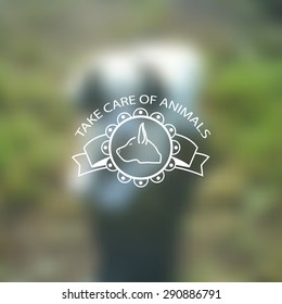 Puppy on blurred photos with logo silhouette dog's head and text pet care