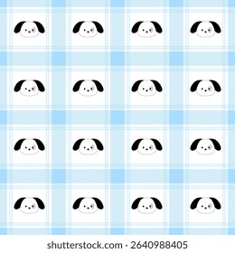 Puppy on Fabric pattern, blue checkered pattern, gift wrapping paper , seamless pattern 