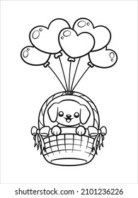 Puppy on floating basket with heart balloons. Valentine's day Coloring book page activity for kids.