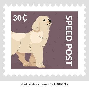 Puppy on postmark or postcard, isolated speedy postal services, correspondence and communication. Canine animal, cute pet. Post mark or card, stamp for letter with price. Vector in flat style
