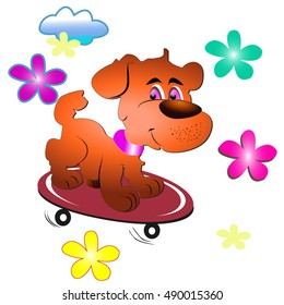 Puppy on a skateboard with flowers