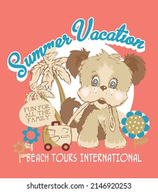 puppy on summer vacation chilling on beach cartoon vector illustration for kids t shirt, frocks, stickers, book covers, sketch book, print.