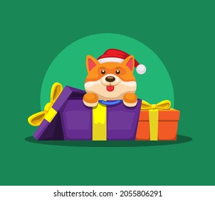 Puppy out from gift box christmas season cartoon illustration vector