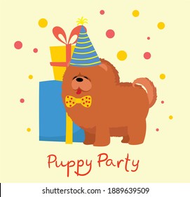 Puppy party background. Cute greeting card with presents and puppy in the flat style