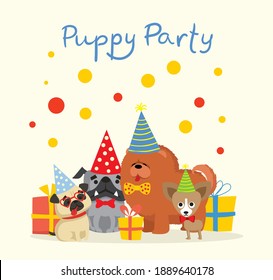 Puppy party background. Cute greeting card with presents and puppies dog in the flat style