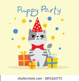 Puppy party background. Cute greeting card with presents and puppy cat in the flat style
