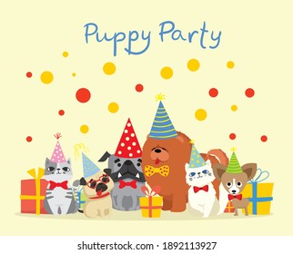 Puppy party background. Cute greeting card with presents and puppies dog and cats in the flat style