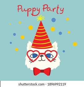 Puppy party background. Cute greeting card with presents and cat in the flat style