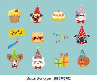 Puppy party background. Cute greeting card with presents and puppies dog and cats in the flat style