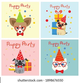 Puppy party background. Cute greeting card with presents and puppies dog and cats in the flat style