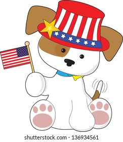 Puppy Patriotic A cute puppy with tail wagging, wears an patriotic hat and waves a small American flag.