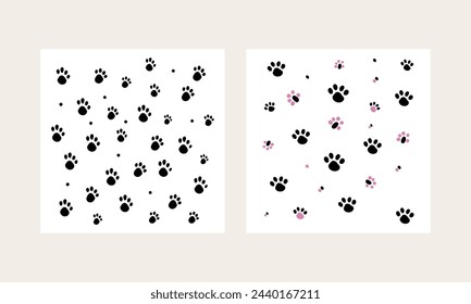 Puppy paw footprint. Dog, and cat paw patterns silhouette vector