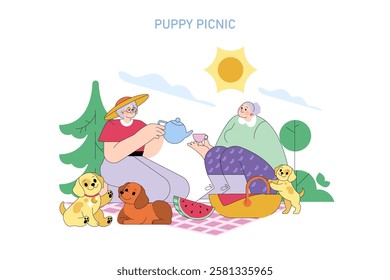 Puppy picnic. A lively outdoor gathering featuring two elderly individuals enjoying tea beside their playful puppies. The scene captures the essence of joy and companionship in nature. Pet-friendly