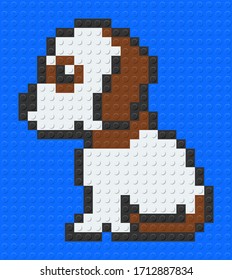 Puppy from plastic building bricks blocks. Blue background. vector illustration.