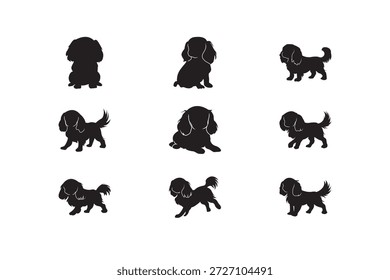 Silueta del paquete del juego del perrito. Pequeñas siluetas de cachorros en poses juguetonas; perfectas para pegatinas para niños, productos para mascotas y alegres gráficos sociales. Siluetas de Vector editables.