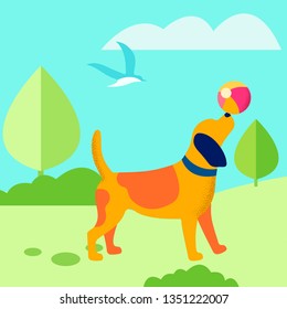 Puppy Playing Ball Outdoors Flat Vector Illustration. Cute Dog Enjoying Training in Fresh Air. Domestic Animal Summer, Spring Games, Tricks. Playful Pet Balancing Ball on Nose Cartoon Character