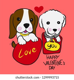 Puppy poodle and beagle couple Happy Valentine's Day cartoon vector illustration