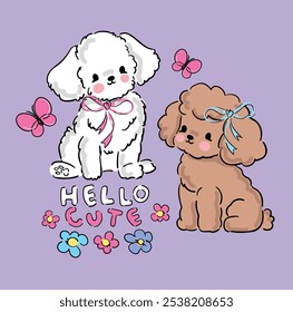 Filhote poodle bonito cão desenho animado à mão desenhado vetor ilustração. Impressão de camiseta infantil, crianças usam design de moda, cartão de convite de chá de bebê