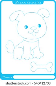 Puppy. Preschool Worksheet For Practicing Fine Motor Skills - Tracing Dashed Lines. Tracing Worksheet.  Illustration And Vector Outline - A4 Paper Ready To Print.