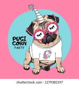 Puppy Pug in a bright colored costume of a unicorn. Pugicorn party - lettering quote. Humor poster, t-shirt composition, hand drawn style print. Vector illustration.