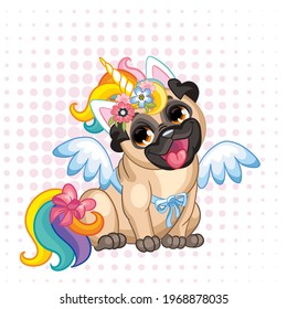 Puppy Pug in a bright colored costume of a unicorn. Vector illustration. Cartoon character. Pugicorn. Humor poster. For t-shirt composition,print, design, posters, cards, stickers,decor,party, apparel