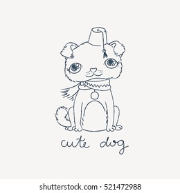 Puppy pug in a fez with a tassel. Vector doodle illustration. For coloring books or print.