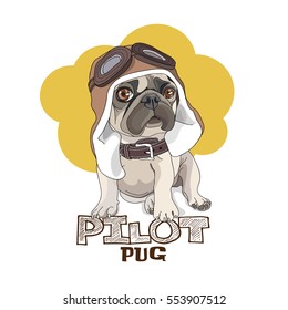 Puppy Pug in a leather pilot hat on a yellow background. Vector illustration.