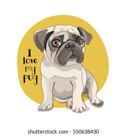 Puppy Pug on a yellow background. Vector illustration.