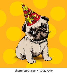 Puppy Pug in a Party Hat on yellow background. Vector illustration.