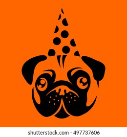 Puppy Pug In A Party Hat. Vector Illustration.