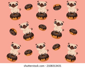Puppy Pug pattern Vector illustration. Cute cartoon Dog with Donut. background, wallpaper, Humor Poster, t-shirt Composition, Hand Drawn Style Print, fabric design. French Bulldog pattern. 