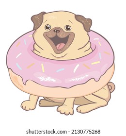 Puppy Pug with a pink donut. Humor poster, t-shirt composition, hand drawn style print. vector illustration.